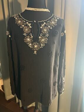 Vintage 80’s Berek 2 by Takako Sakon Black Beaded Rhinestone Sweater XL
